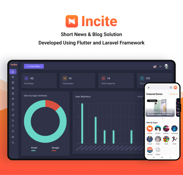 Incite - Short News App & Web, Blog App with Laravel Admin Panel for Android & iOS - 1